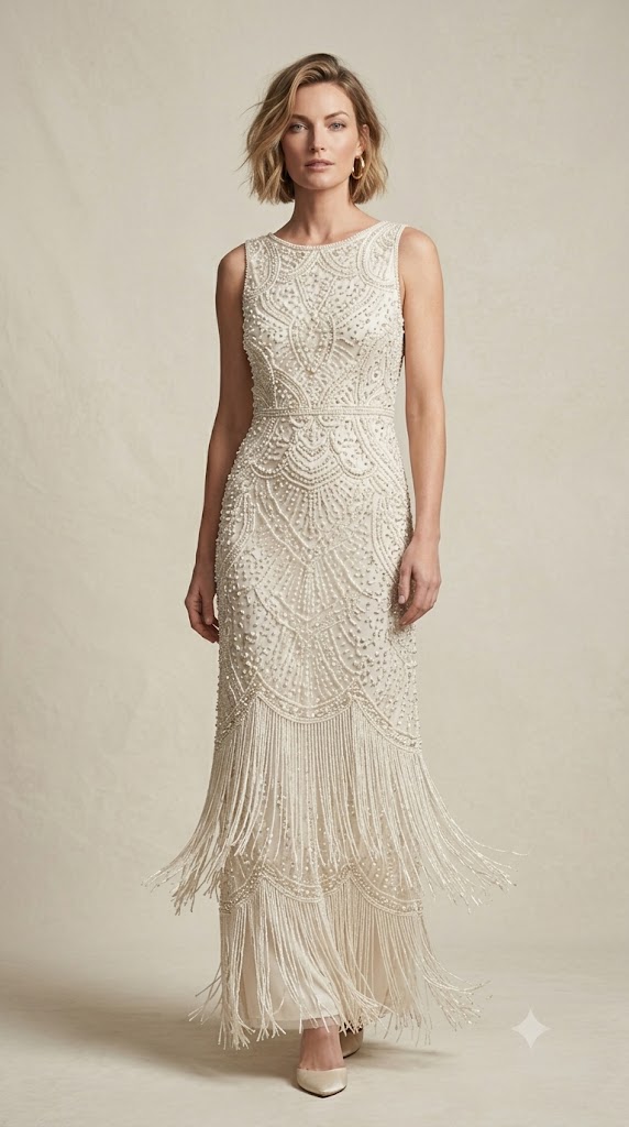 Ivory Embellished Gown with Layered Fringe Detail